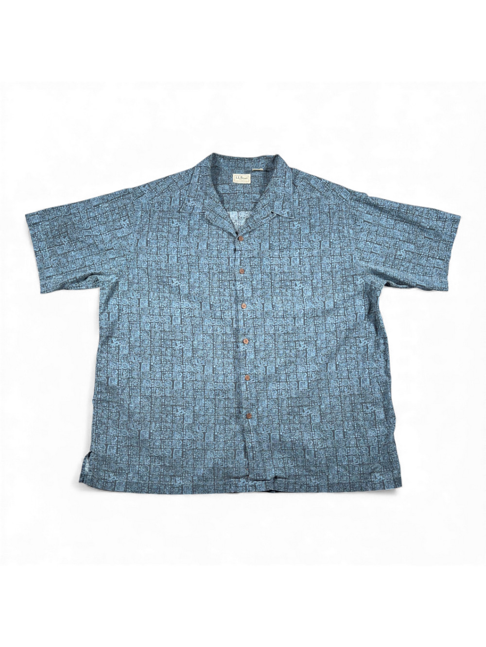 Vintage LL Bean Shirt Adult EXTRA LARGE Blue Mayan Aztec Tribal Camp Print Y2K